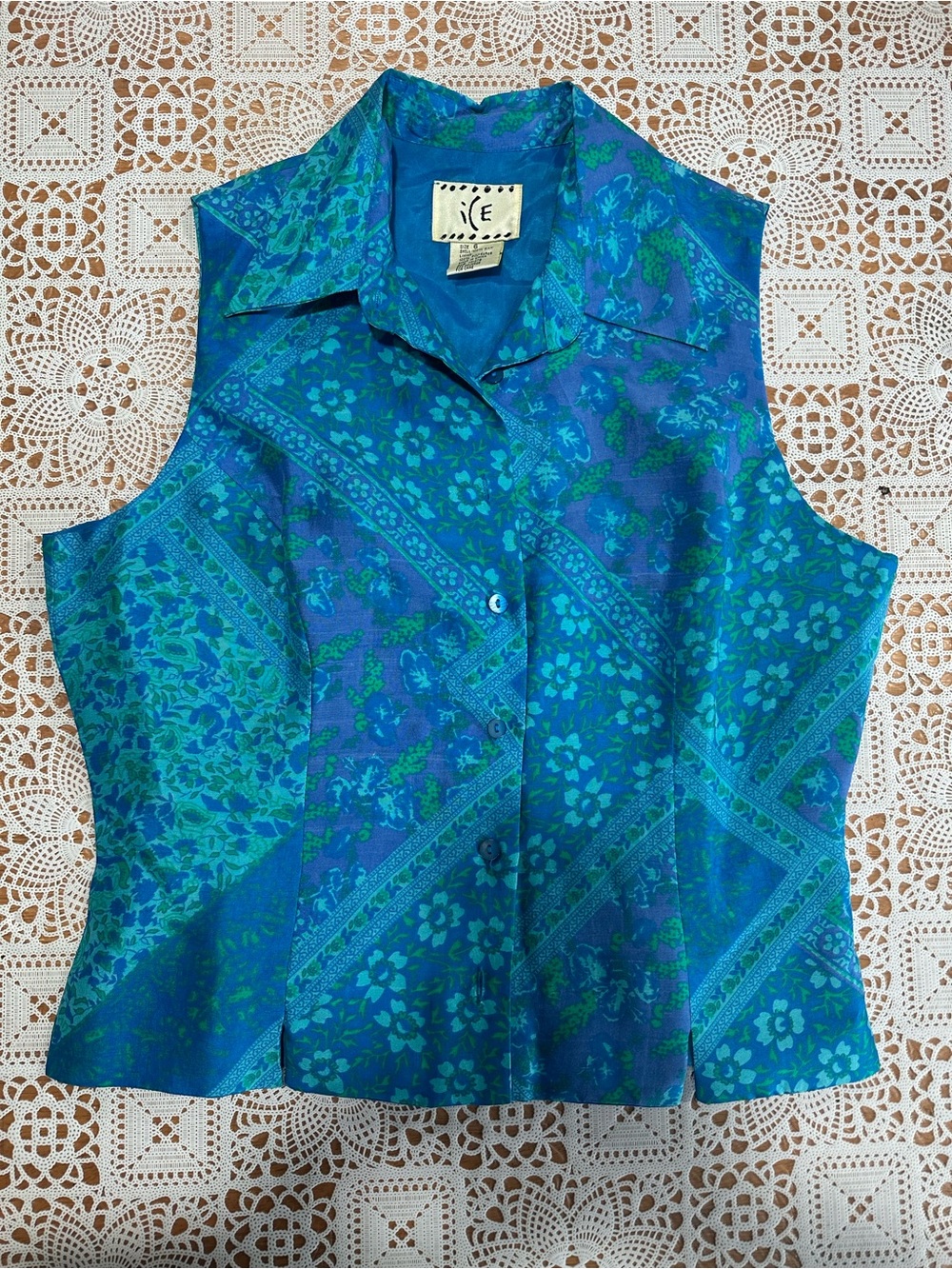 Vintage ICE 100% Silk Floral Patchwork Sleeveless Button Front Blouse Size 6